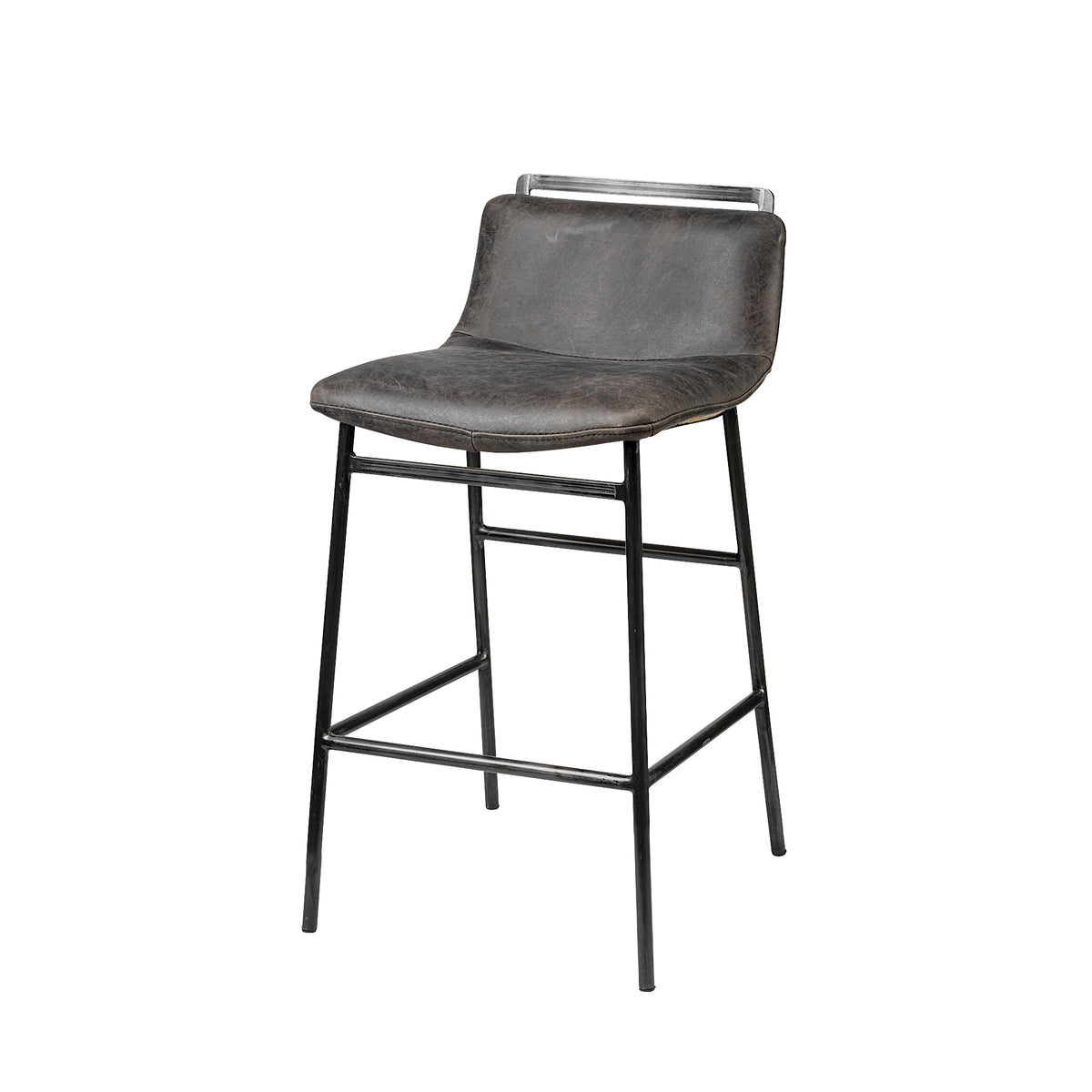 Kavalan 33.5" Total Height Ebony Leather Seat Black Metal Frame Counter Stool-Bar Stools-DECOROLALA