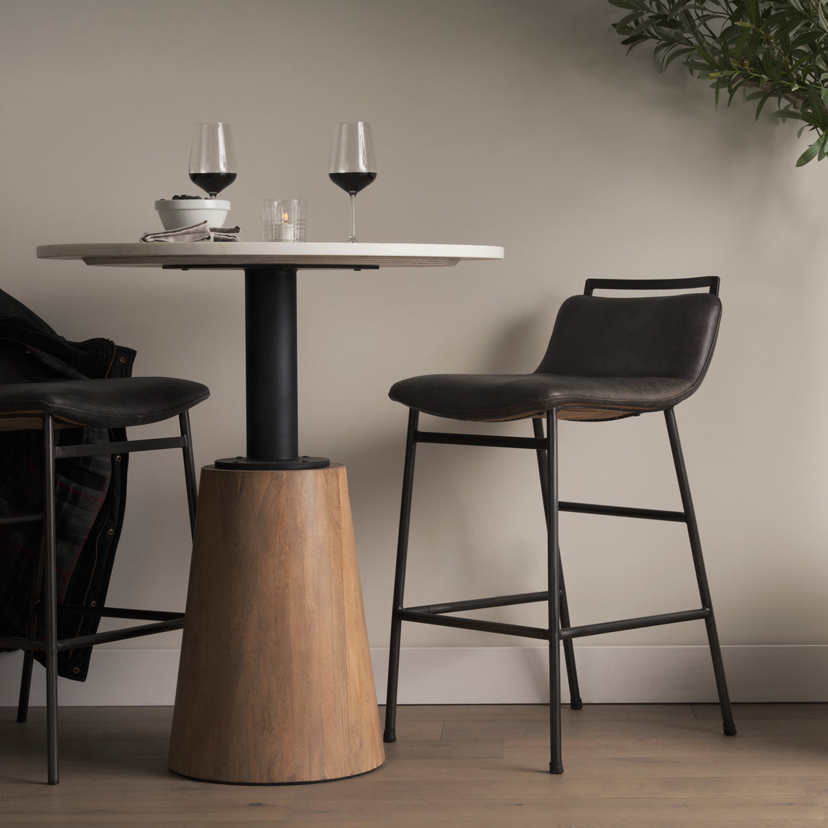 Kavalan 33.5" Total Height Ebony Leather Seat Black Metal Frame Counter Stool-Bar Stools-DECOROLALA