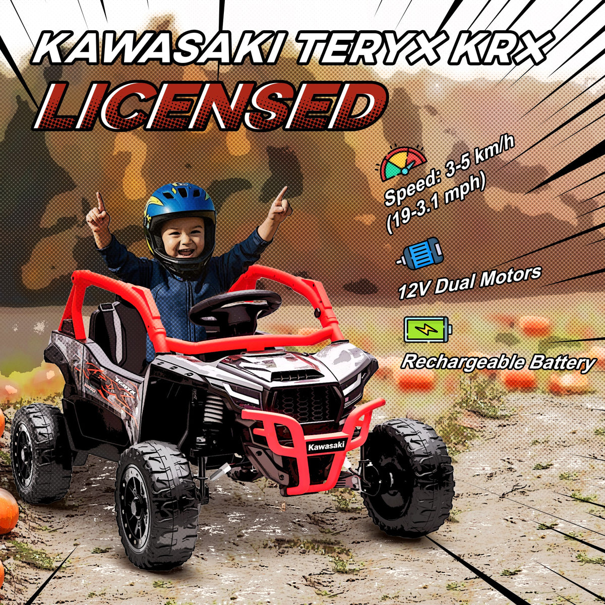 12V Ride on Truck, Licensed KAWASAKI TERYX KRX 2WD Kids Electric Car with Rear Suspension for 3-8 Years, Red-Toys & Games > Baby & Toddler Toys > Electric Ride-On Toys > Electric Toy Cars-DECOROLALA