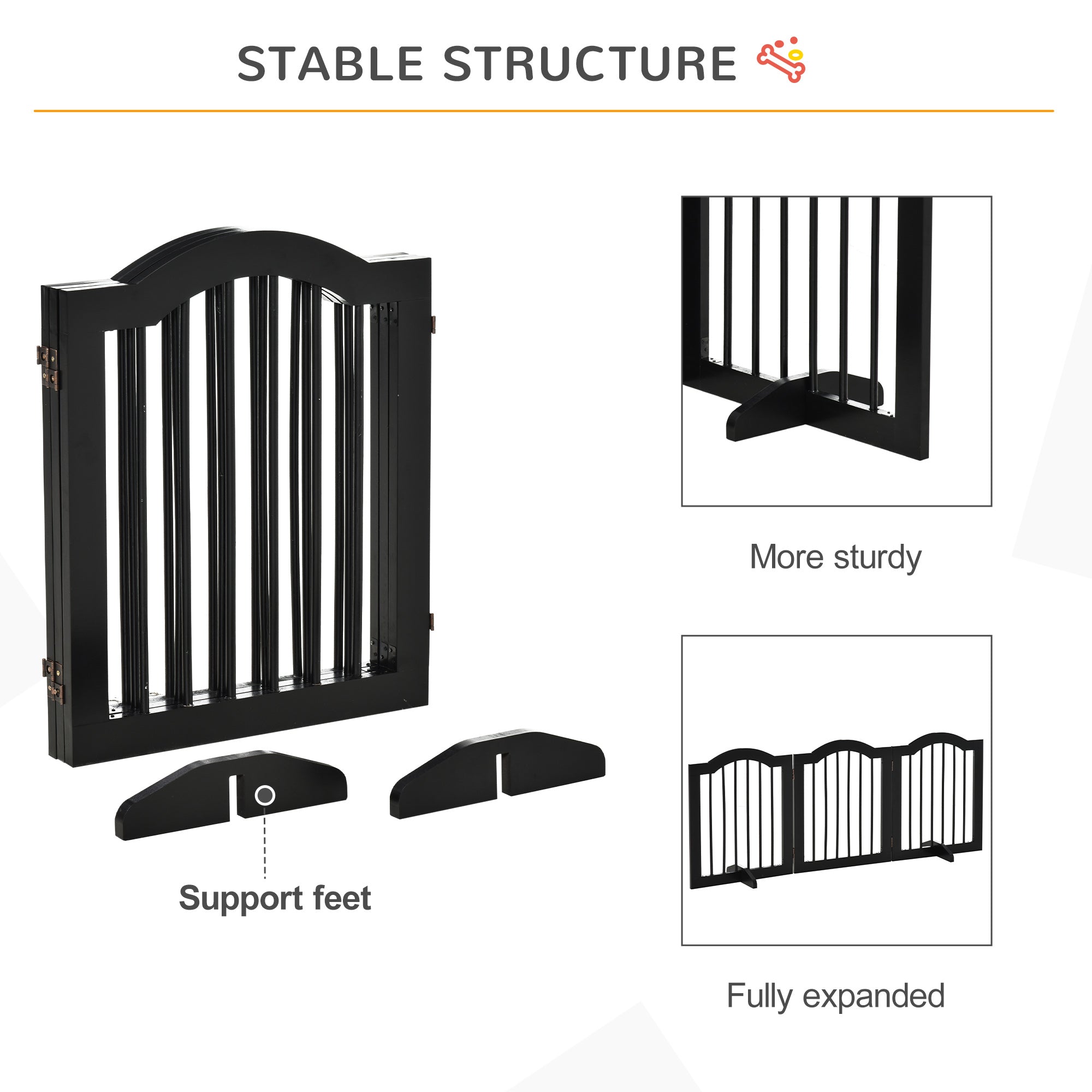 24"H Foldable Dog Gate, 3 Panels Freestanding Pet Gate Barriers Indoor with Support Feet, Puppy Fence for Small Dogs, Black