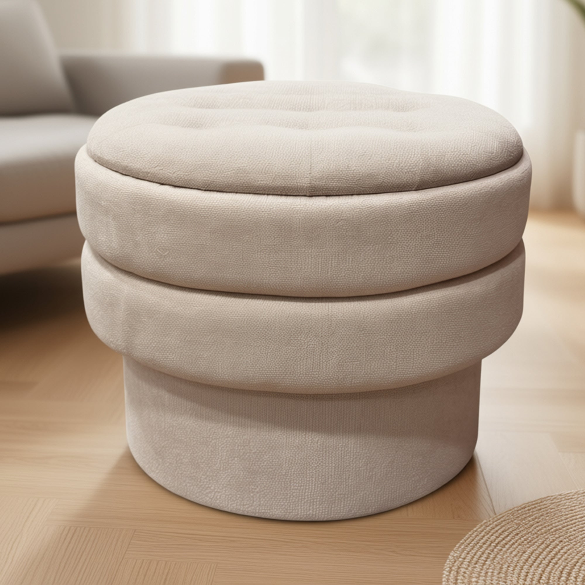 Kepler Round Storage Ottoman - Oat Tufted Lid Side Table-DECOROLALA