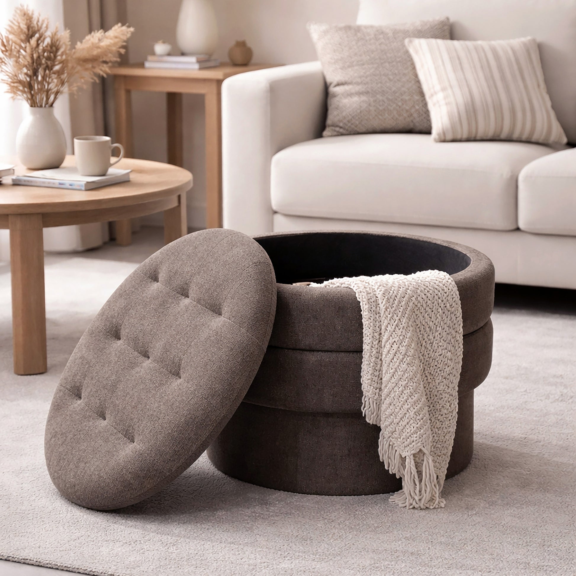 Kepler Round Storage Ottoman - Warm Charcoal Side Table Lid-DECOROLALA