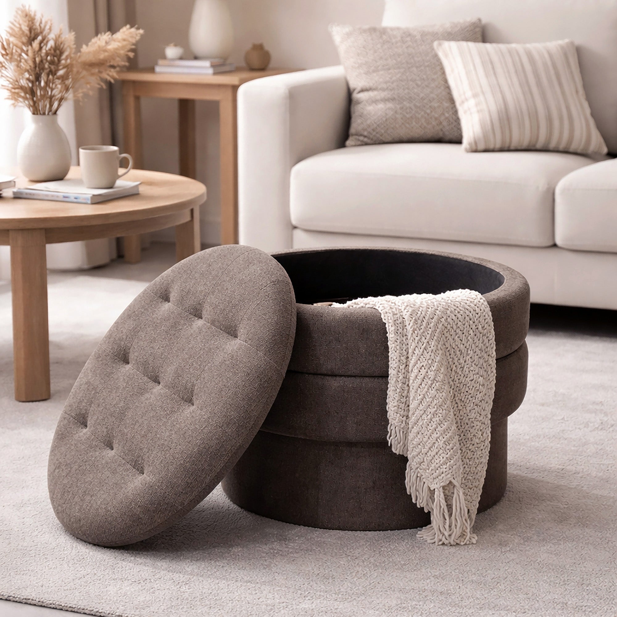 Kepler Round Storage Ottoman - Warm Charcoal Side Table Lid-DECOROLALA