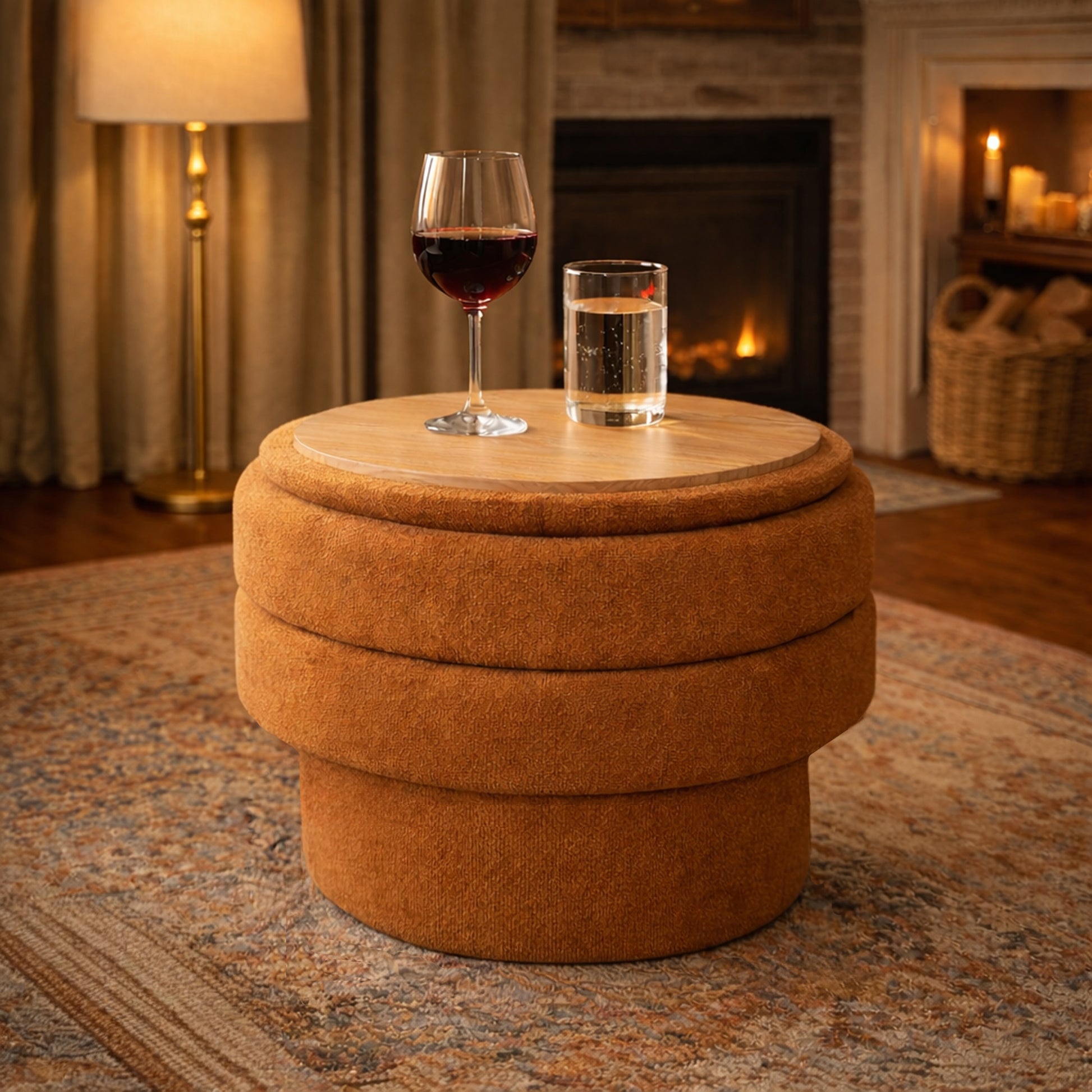 Kepler Round Storage Ottoman with Side Table Lid - Rust-DECOROLALA