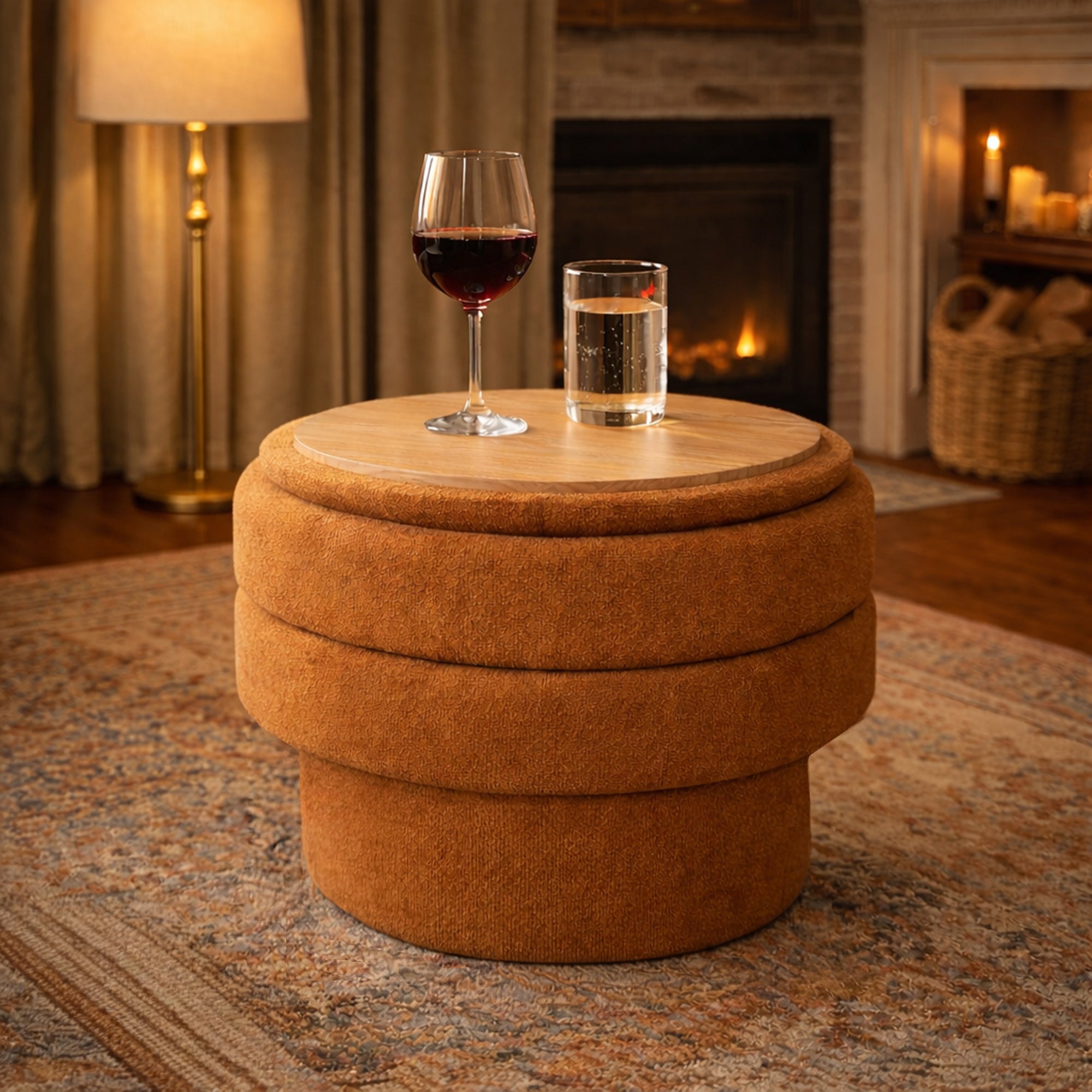Kepler Round Storage Ottoman with Side Table Lid - Rust-DECOROLALA