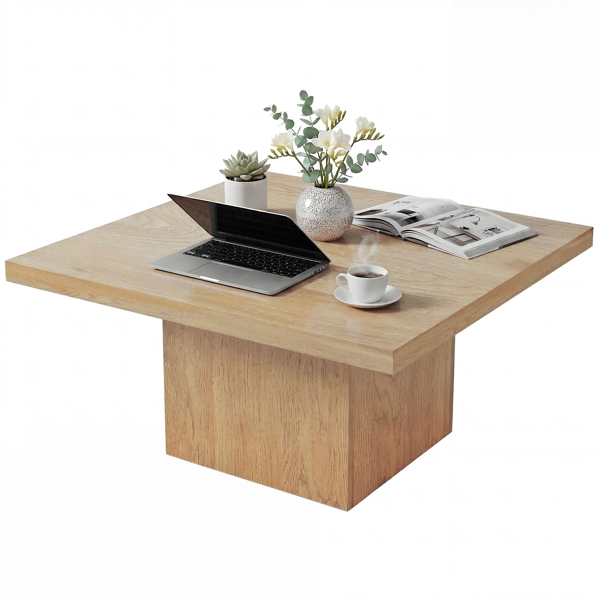 Square Coffee Table, Center Table with 1.6" Thick Tabletop, Natural Wood-Home Furnishings > Living Room Furniture > Coffee Tables-DECOROLALA