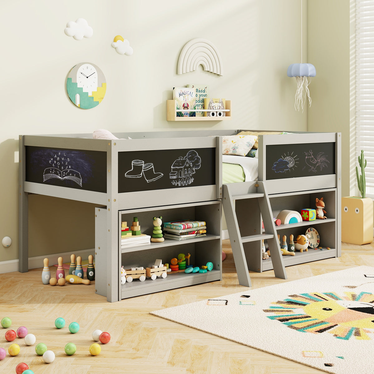 Kid Twin Size Low Loft Bed with Chalkboard Ramp Ladder and Bookcases-Gray-Toddler Beds-DECOROLALA
