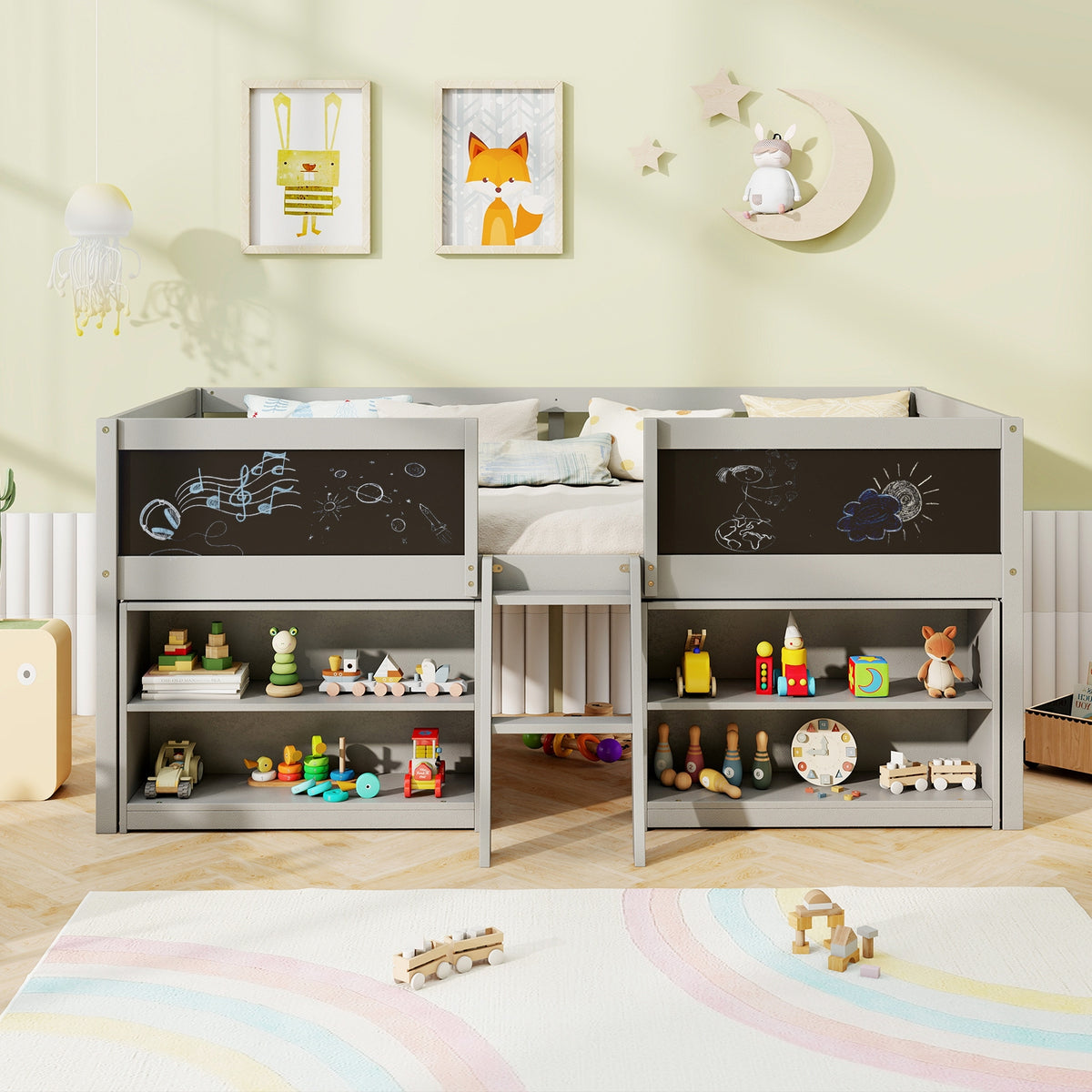 Kid Twin Size Low Loft Bed with Chalkboard Ramp Ladder and Bookcases-Gray-Toddler Beds-DECOROLALA