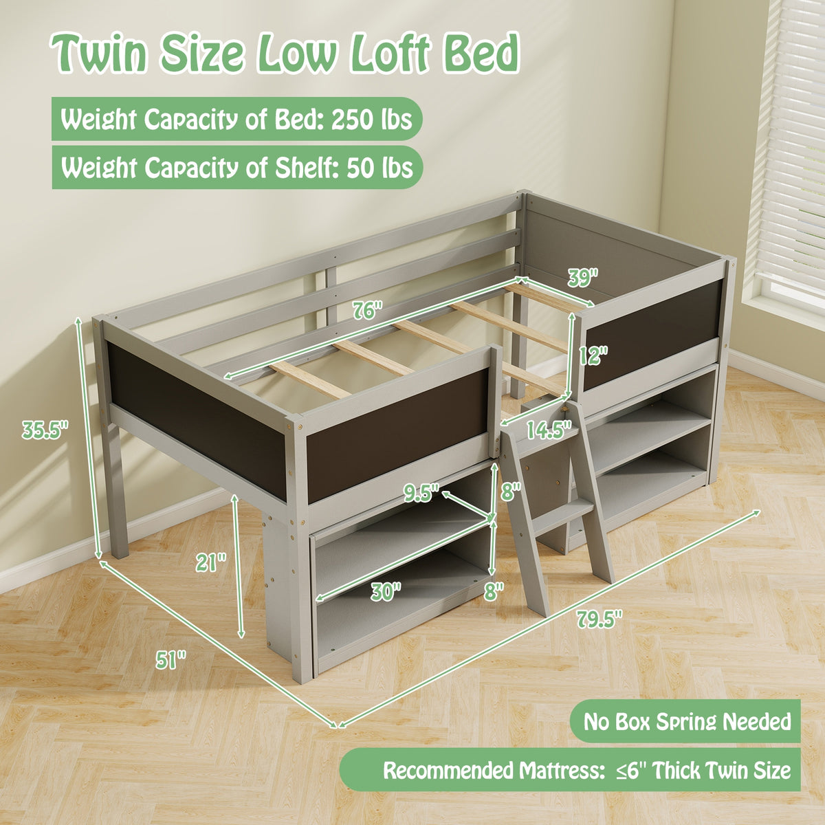 Kid Twin Size Low Loft Bed with Chalkboard Ramp Ladder and Bookcases-Gray-Toddler Beds-DECOROLALA