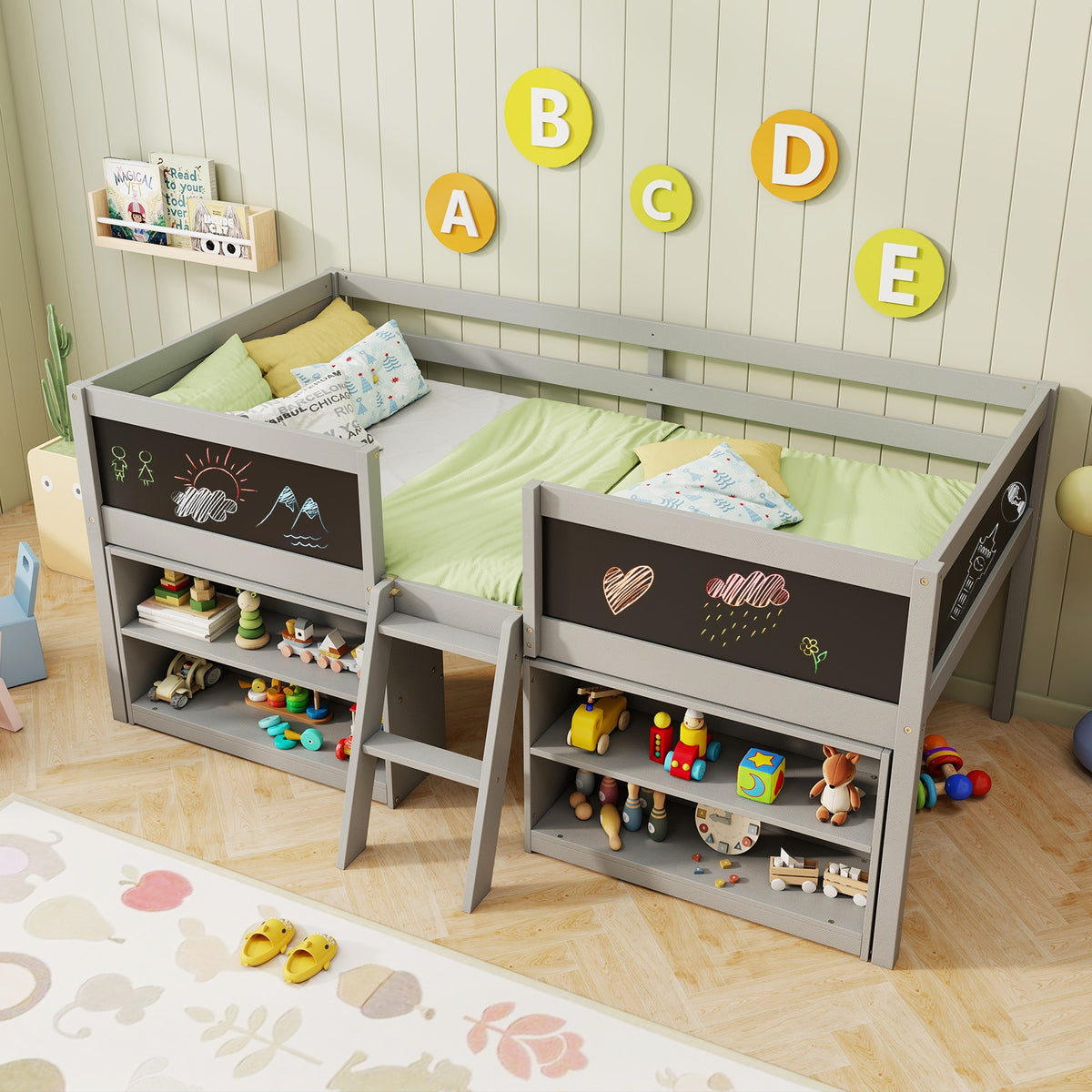 Kid Twin Size Low Loft Bed with Chalkboard Ramp Ladder and Bookcases-Gray-Toddler Beds-DECOROLALA
