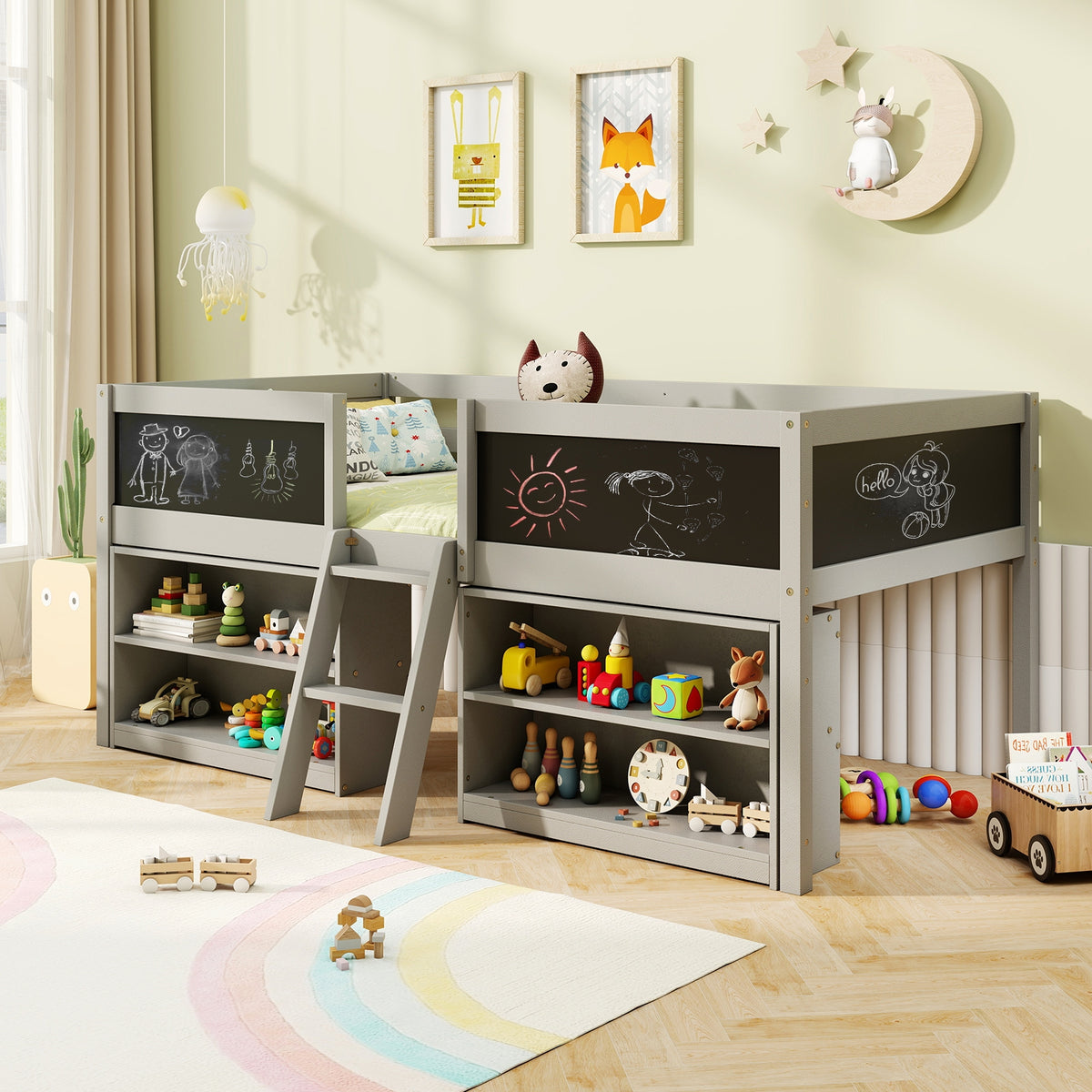 Kid Twin Size Low Loft Bed with Chalkboard Ramp Ladder and Bookcases-Gray-Toddler Beds-DECOROLALA