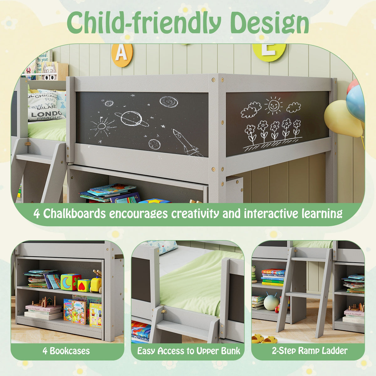 Kid Twin Size Low Loft Bed with Chalkboard Ramp Ladder and Bookcases-Gray-Toddler Beds-DECOROLALA