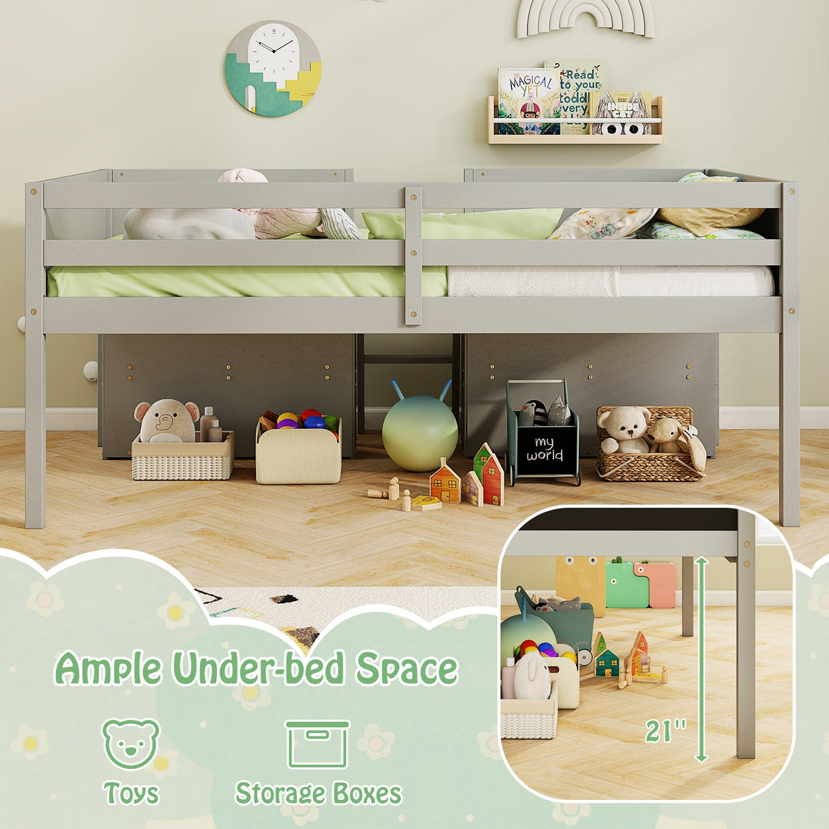 Kid Twin Size Low Loft Bed with Chalkboard Ramp Ladder and Bookcases-Gray-Toddler Beds-DECOROLALA