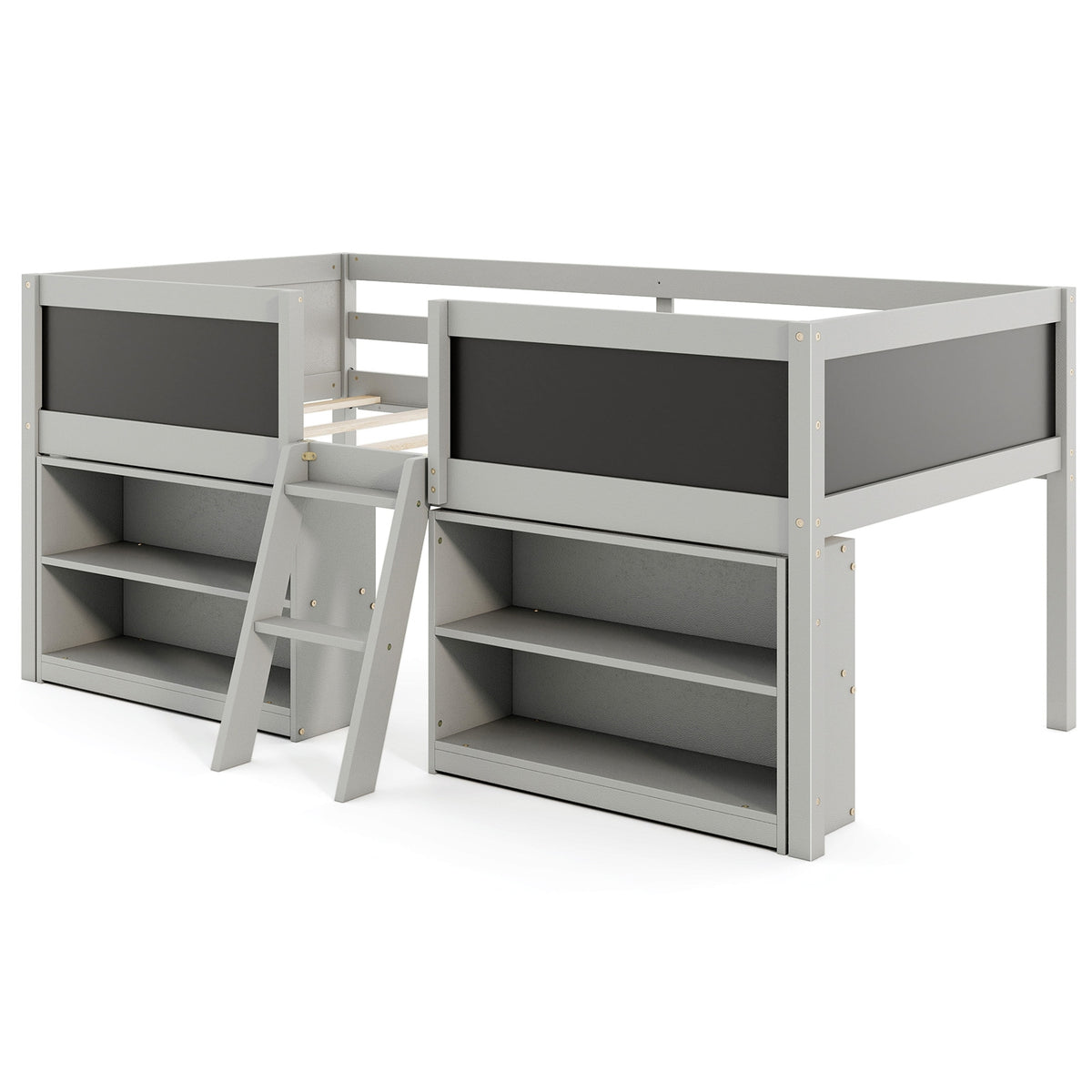 Kid Twin Size Low Loft Bed with Chalkboard Ramp Ladder and Bookcases-Gray-Toddler Beds-DECOROLALA
