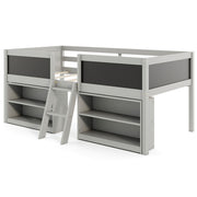 Kid Twin Size Low Loft Bed with Chalkboard Ramp Ladder and Bookcases-Gray-Toddler Beds-DECOROLALA