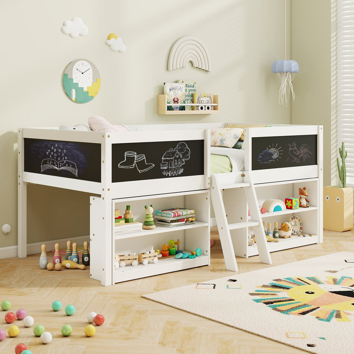 Kid Twin Size Low Loft Bed with Chalkboard Ramp Ladder and Bookcases-White-Toddler Beds-DECOROLALA