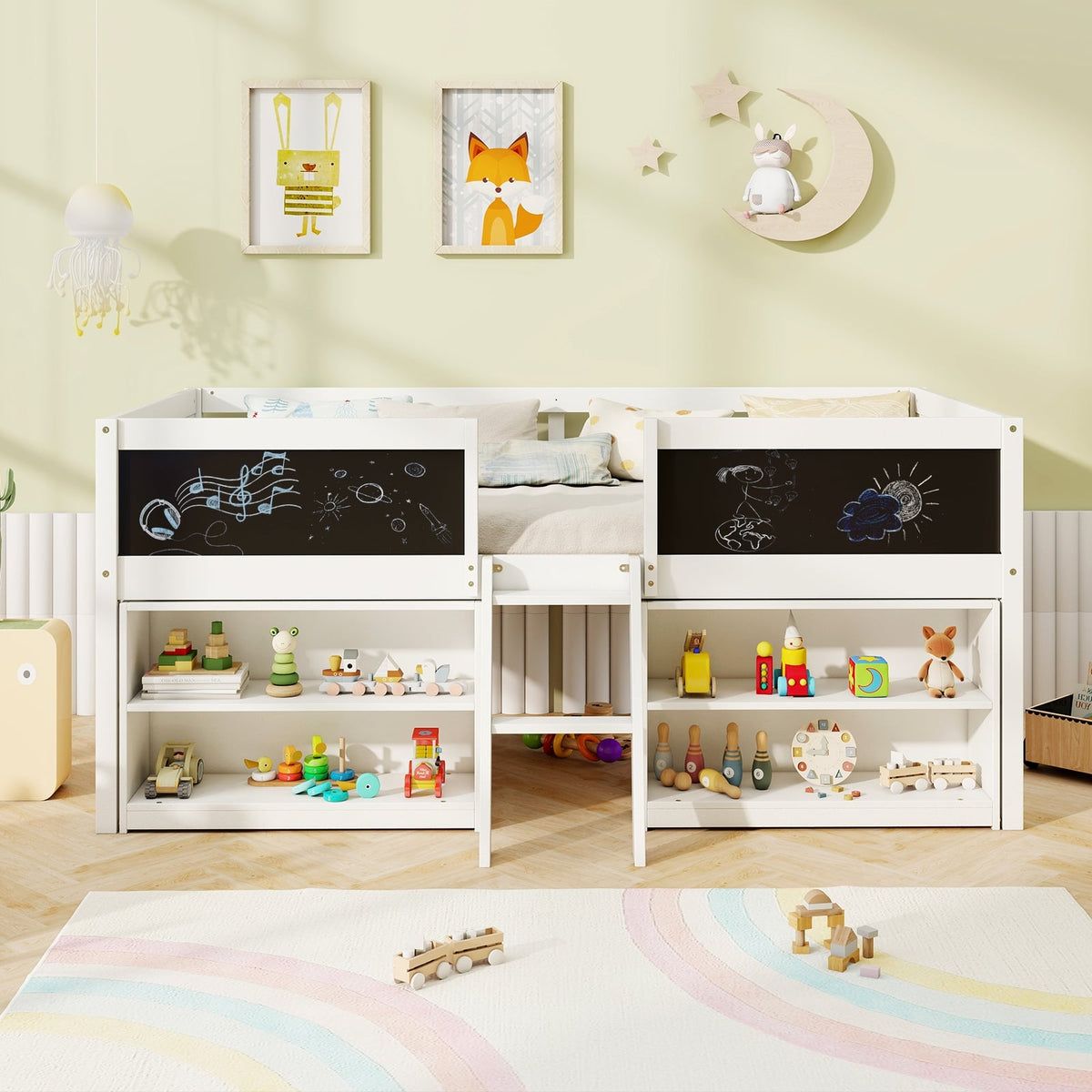 Kid Twin Size Low Loft Bed with Chalkboard Ramp Ladder and Bookcases-White-Toddler Beds-DECOROLALA