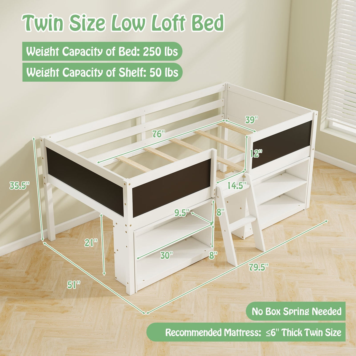 Kid Twin Size Low Loft Bed with Chalkboard Ramp Ladder and Bookcases-White-Toddler Beds-DECOROLALA