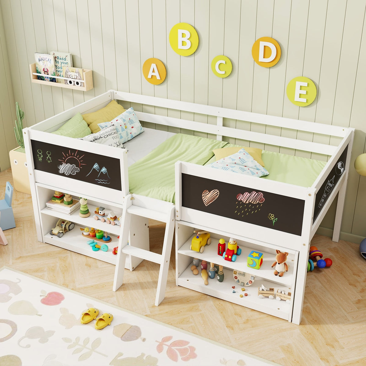 Kid Twin Size Low Loft Bed with Chalkboard Ramp Ladder and Bookcases-White-Toddler Beds-DECOROLALA