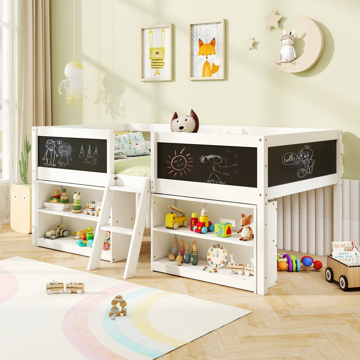 Kid Twin Size Low Loft Bed with Chalkboard Ramp Ladder and Bookcases-White-Toddler Beds-DECOROLALA
