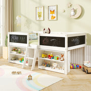 Kid Twin Size Low Loft Bed with Chalkboard Ramp Ladder and Bookcases-White-Toddler Beds-DECOROLALA