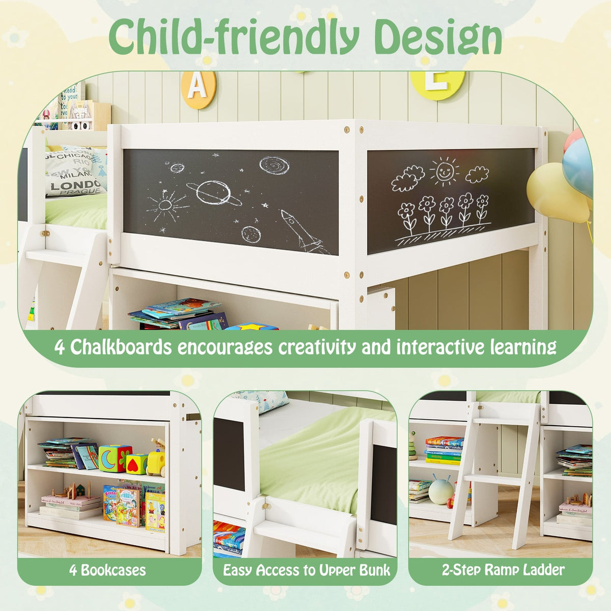 Kid Twin Size Low Loft Bed with Chalkboard Ramp Ladder and Bookcases-White-Toddler Beds-DECOROLALA