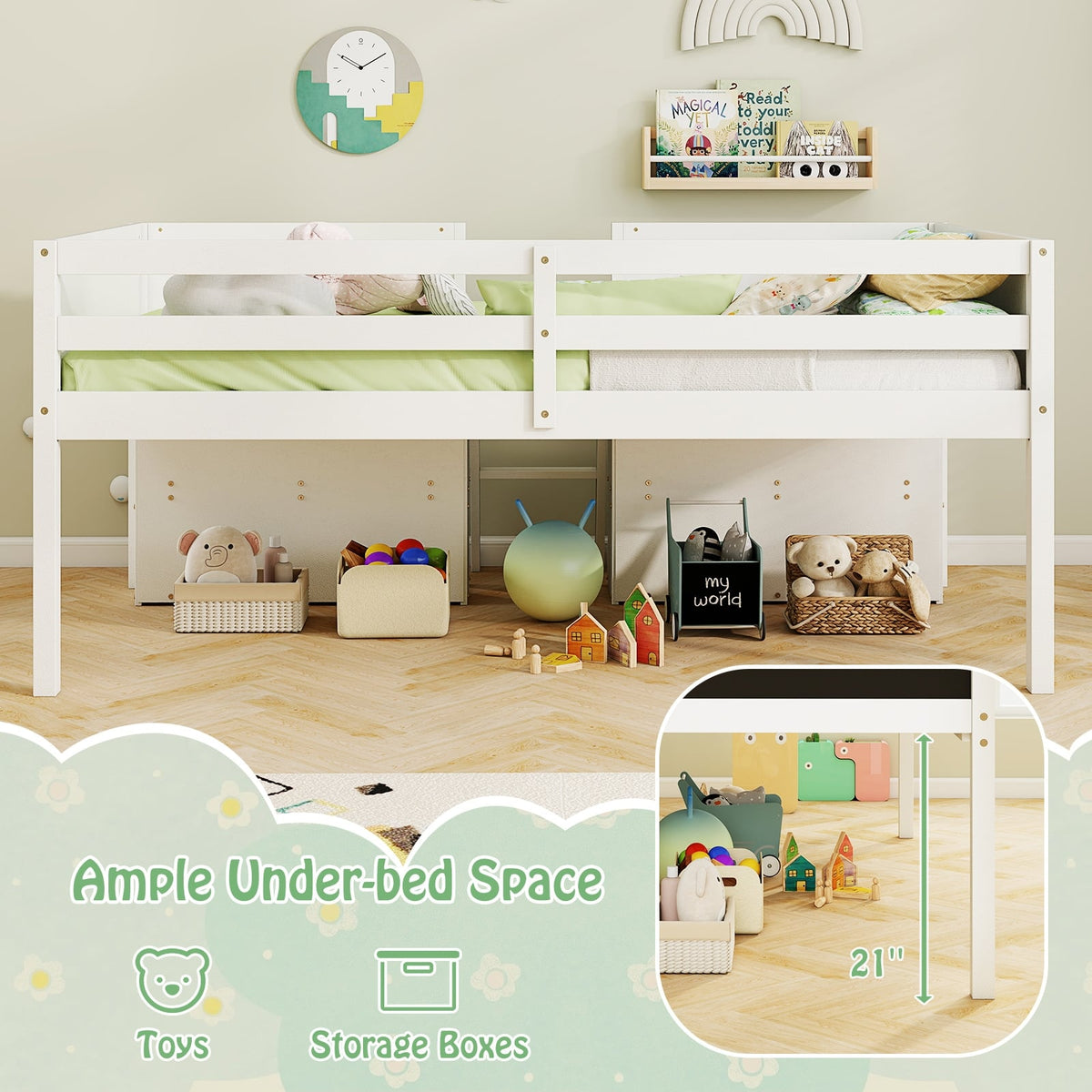 Kid Twin Size Low Loft Bed with Chalkboard Ramp Ladder and Bookcases-White-Toddler Beds-DECOROLALA