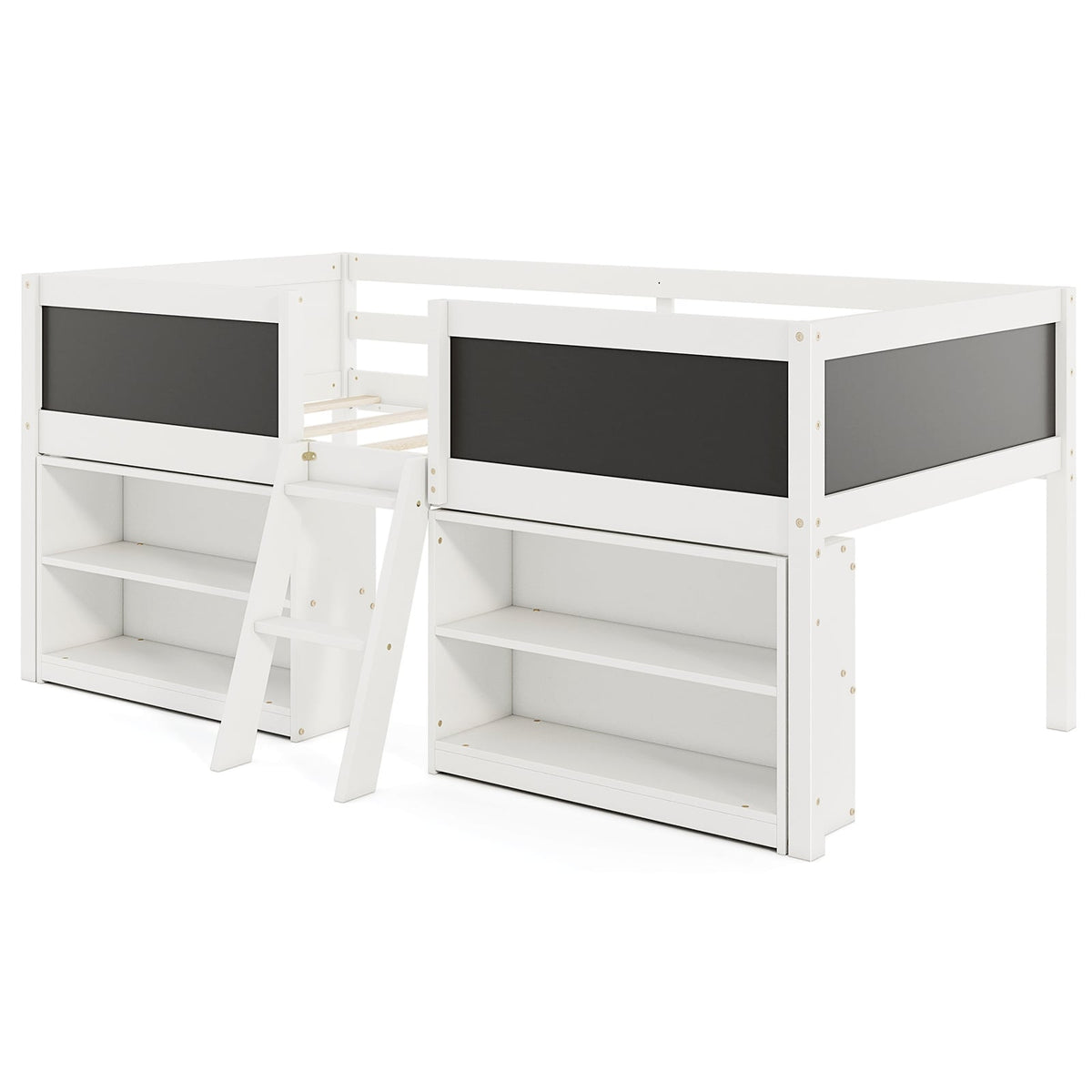 Kid Twin Size Low Loft Bed with Chalkboard Ramp Ladder and Bookcases-White-Toddler Beds-DECOROLALA