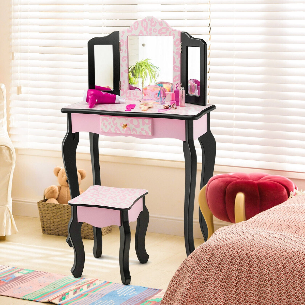 Kid Vanity Set with Tri-Folding Mirror and Leopard Print-Pink-Kids Vanities-DECOROLALA