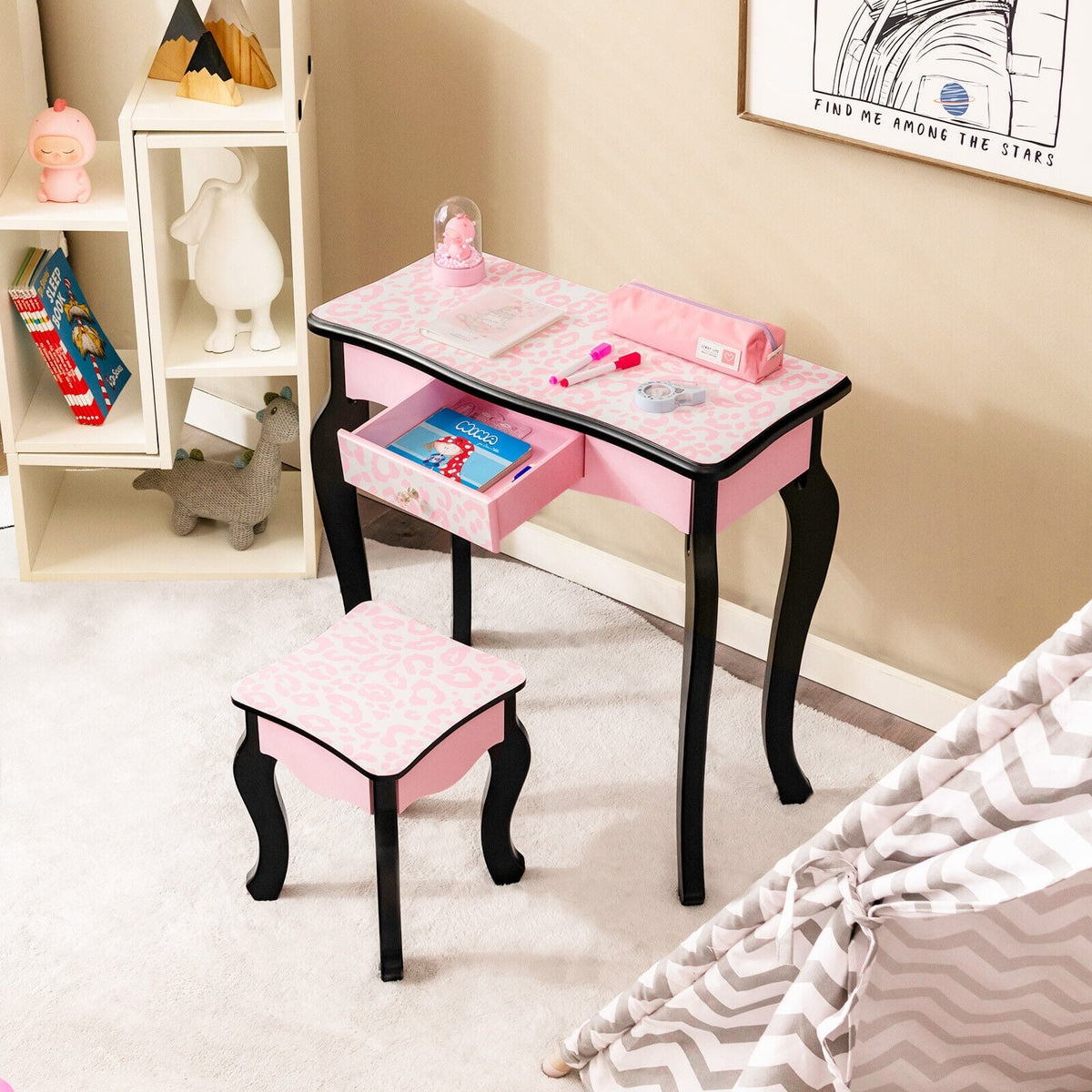 Kid Vanity Set with Tri-Folding Mirror and Leopard Print-Pink-Kids Vanities-DECOROLALA