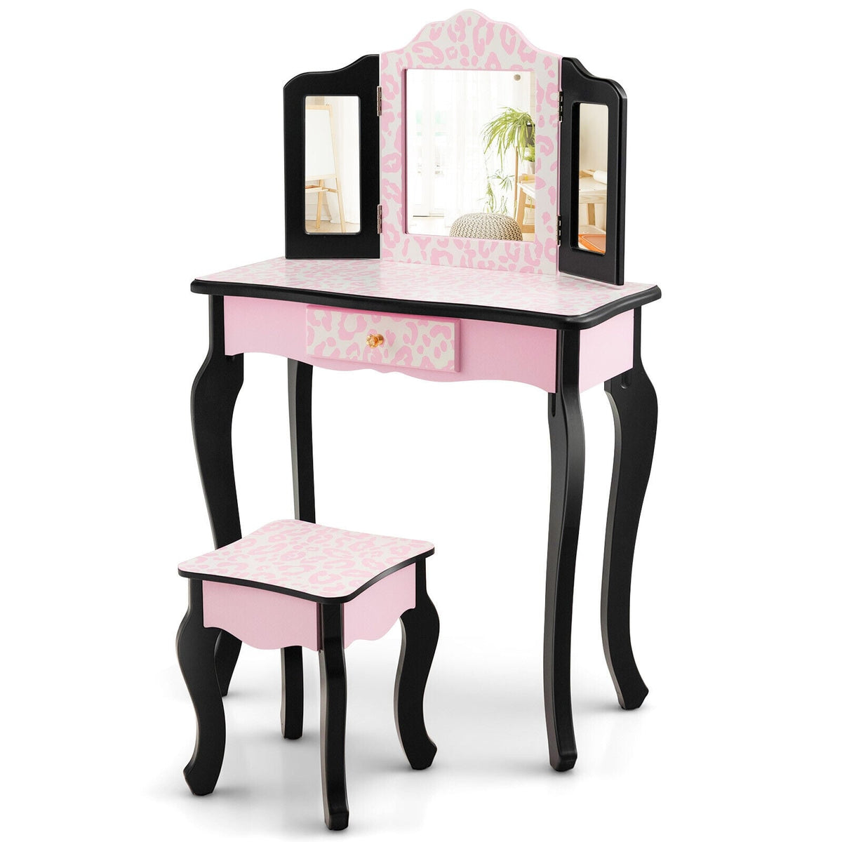 Kid Vanity Set with Tri-Folding Mirror and Leopard Print-Pink-Kids Vanities-DECOROLALA