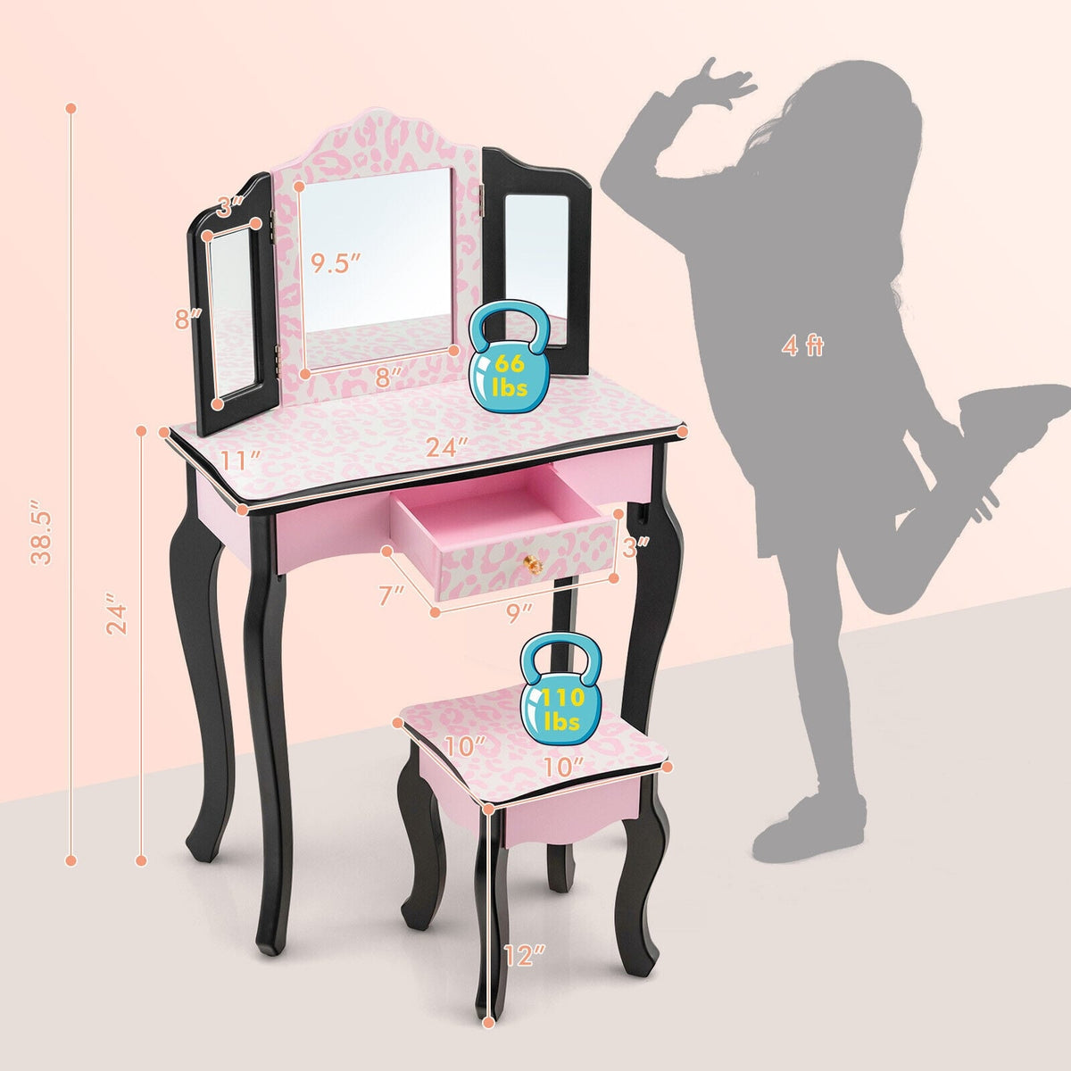 Kid Vanity Set with Tri-Folding Mirror and Leopard Print-Pink-Kids Vanities-DECOROLALA