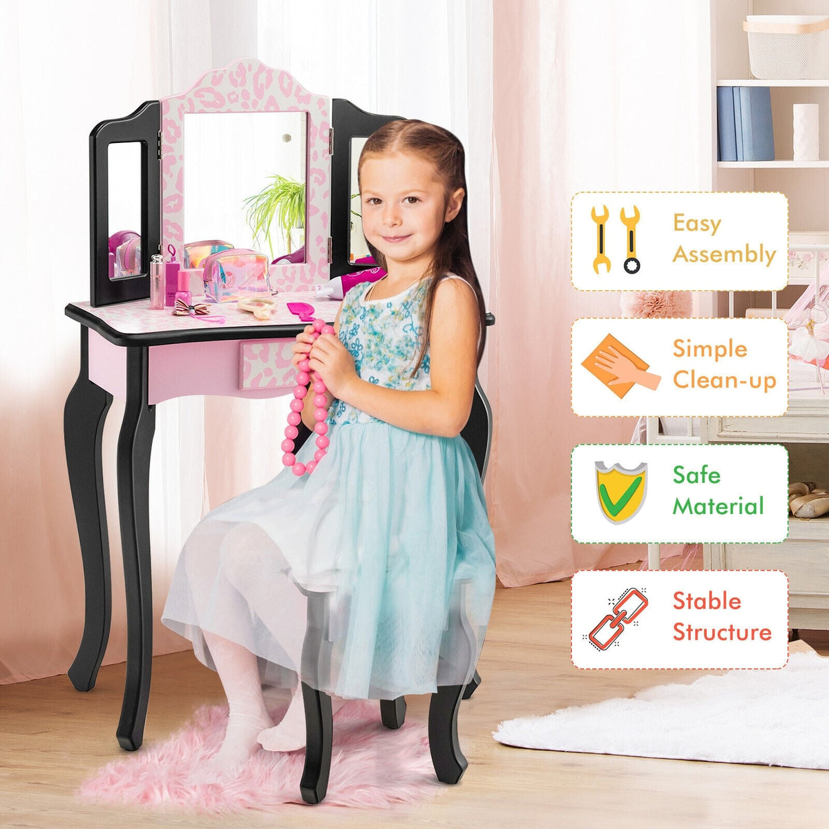 Kid Vanity Set with Tri-Folding Mirror and Leopard Print-Pink-Kids Vanities-DECOROLALA