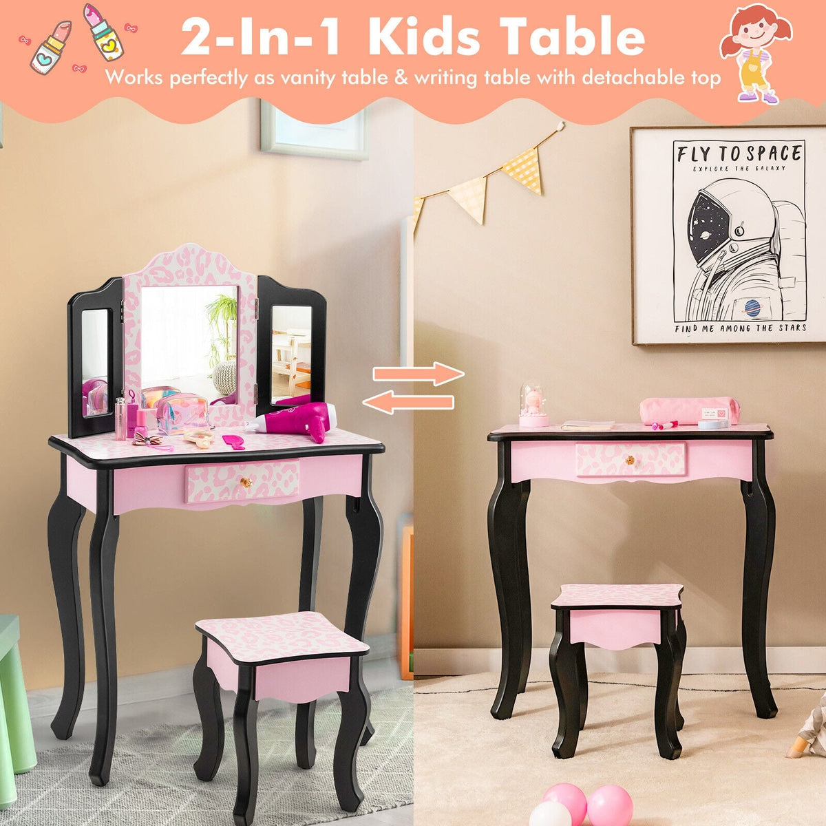 Kid Vanity Set with Tri-Folding Mirror and Leopard Print-Pink-Kids Vanities-DECOROLALA