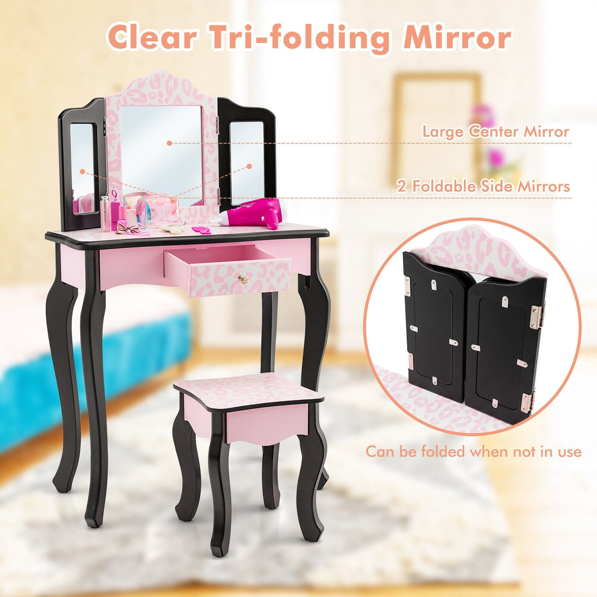 Kid Vanity Set with Tri-Folding Mirror and Leopard Print-Pink-Kids Vanities-DECOROLALA