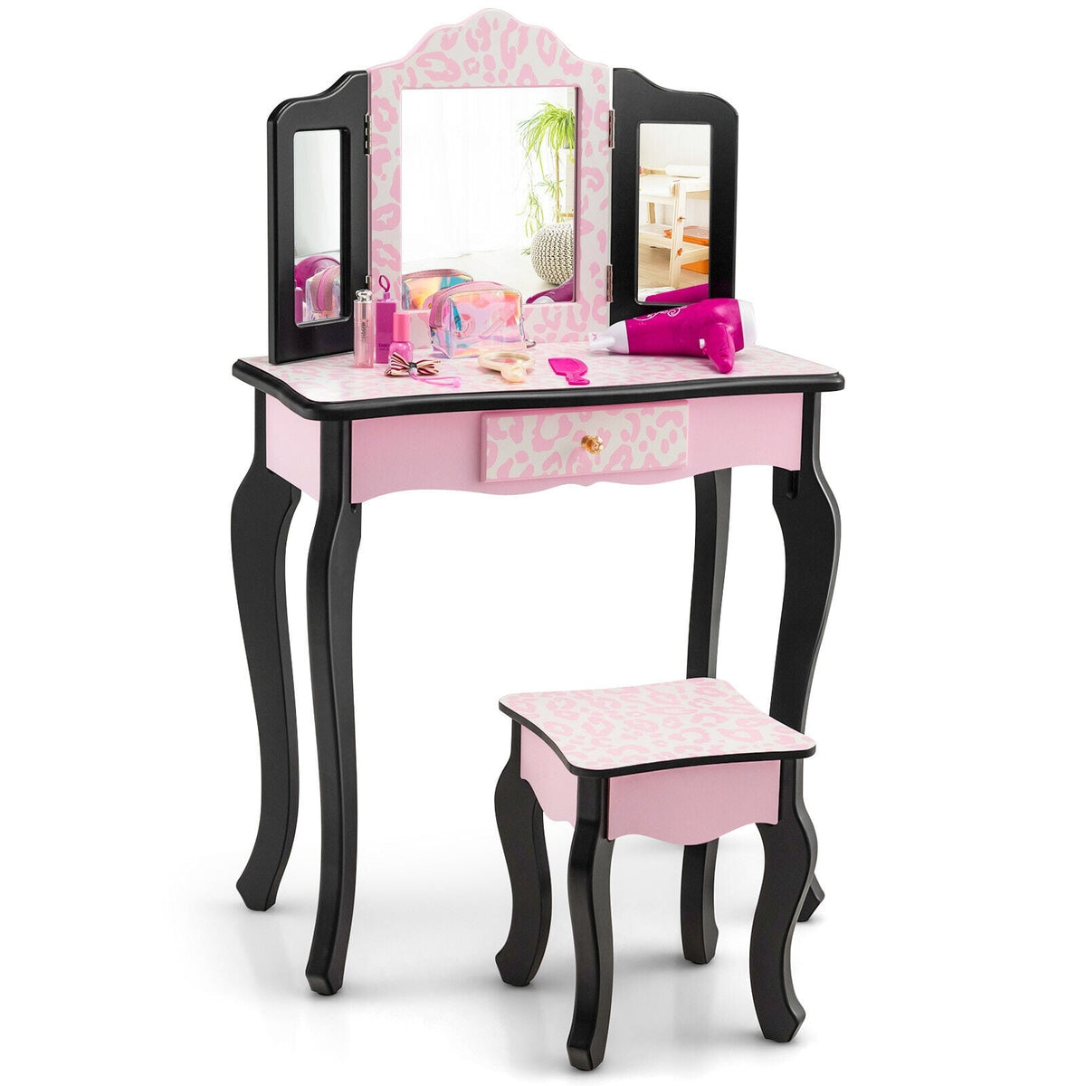 Kid Vanity Set with Tri-Folding Mirror and Leopard Print-Pink-Kids Vanities-DECOROLALA