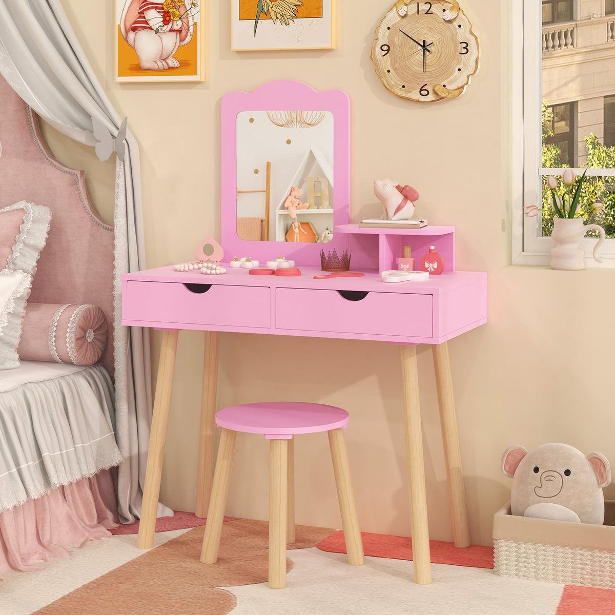 Kid Vanity Table Chair Set with Mirror and 2 Large Storage Drawers-Pink-Kids Vanities-DECOROLALA