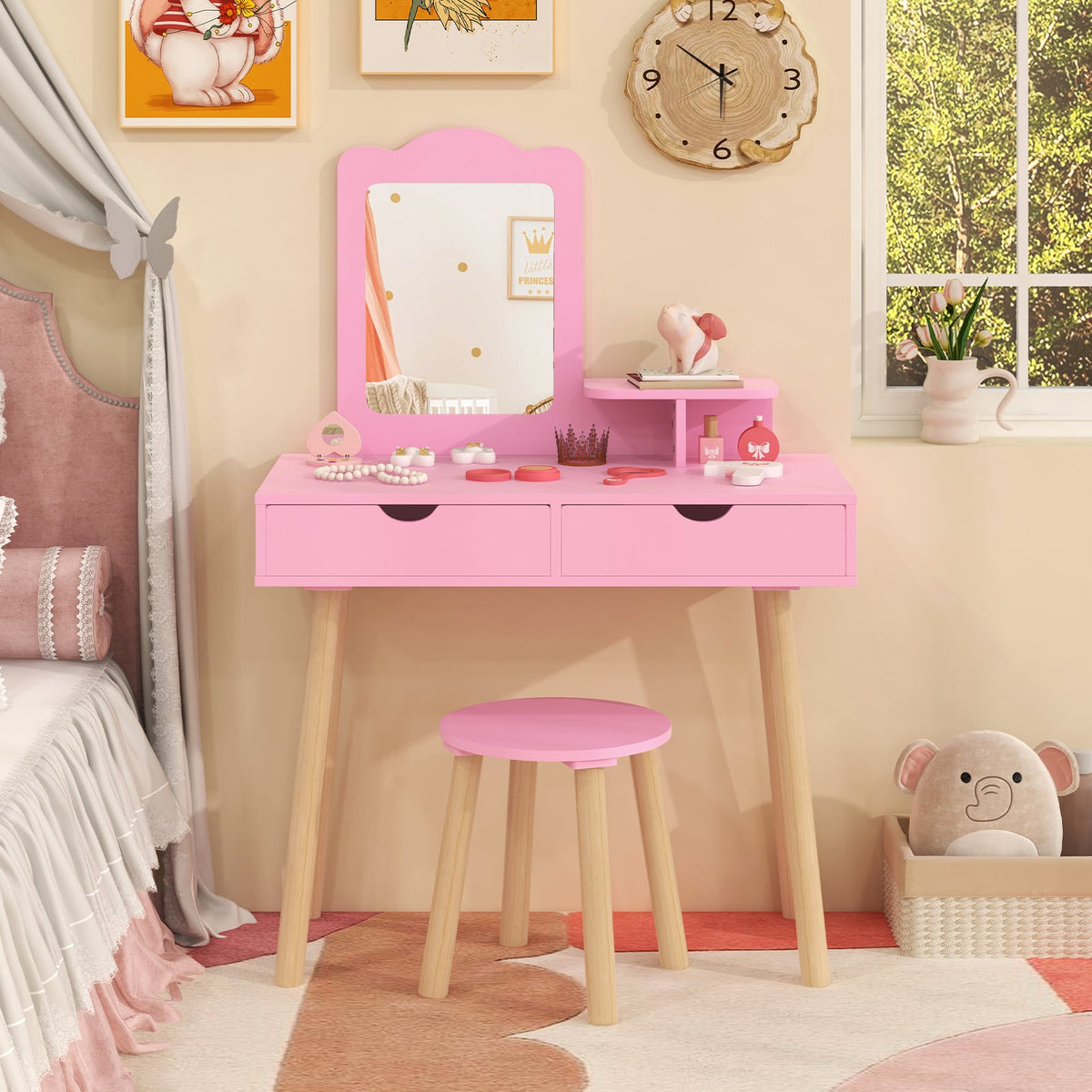 Kid Vanity Table Chair Set with Mirror and 2 Large Storage Drawers-Pink-Kids Vanities-DECOROLALA