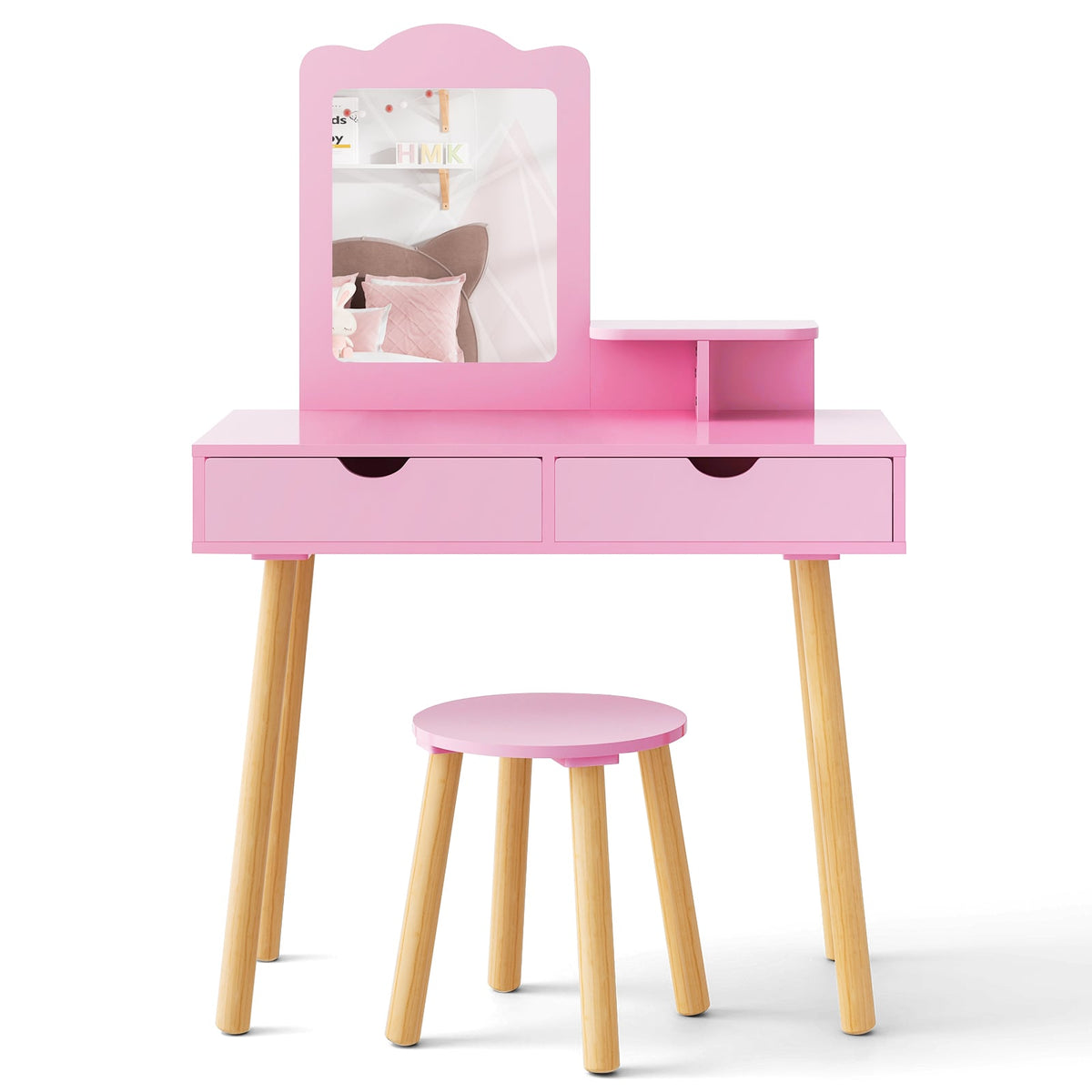 Kid Vanity Table Chair Set with Mirror and 2 Large Storage Drawers-Pink-Kids Vanities-DECOROLALA