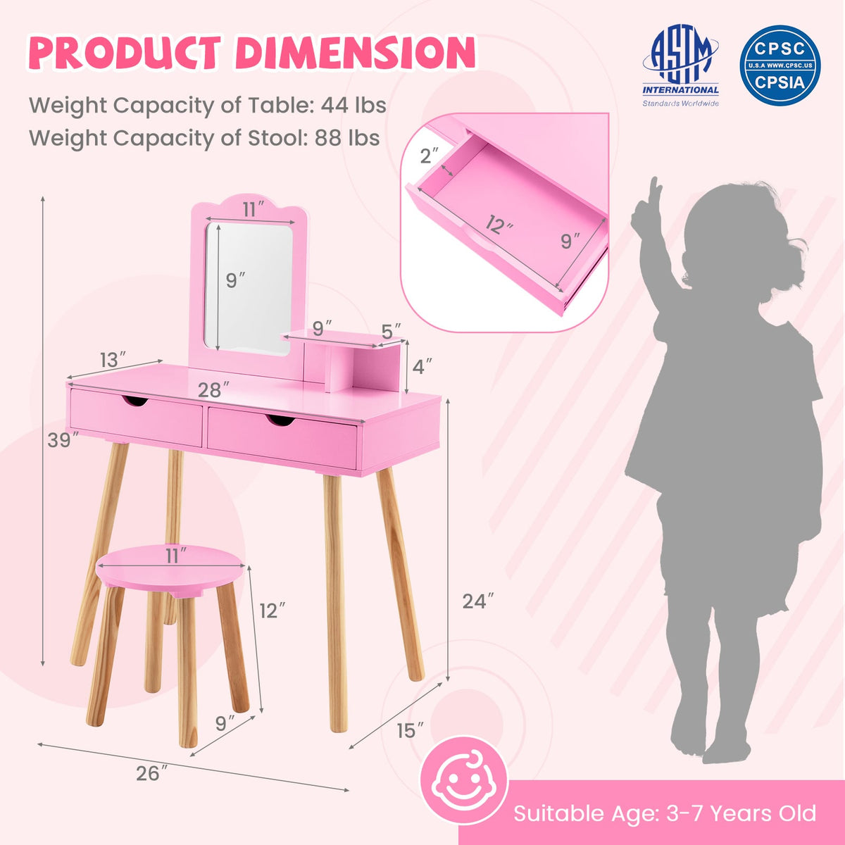 Kid Vanity Table Chair Set with Mirror and 2 Large Storage Drawers-Pink-Kids Vanities-DECOROLALA