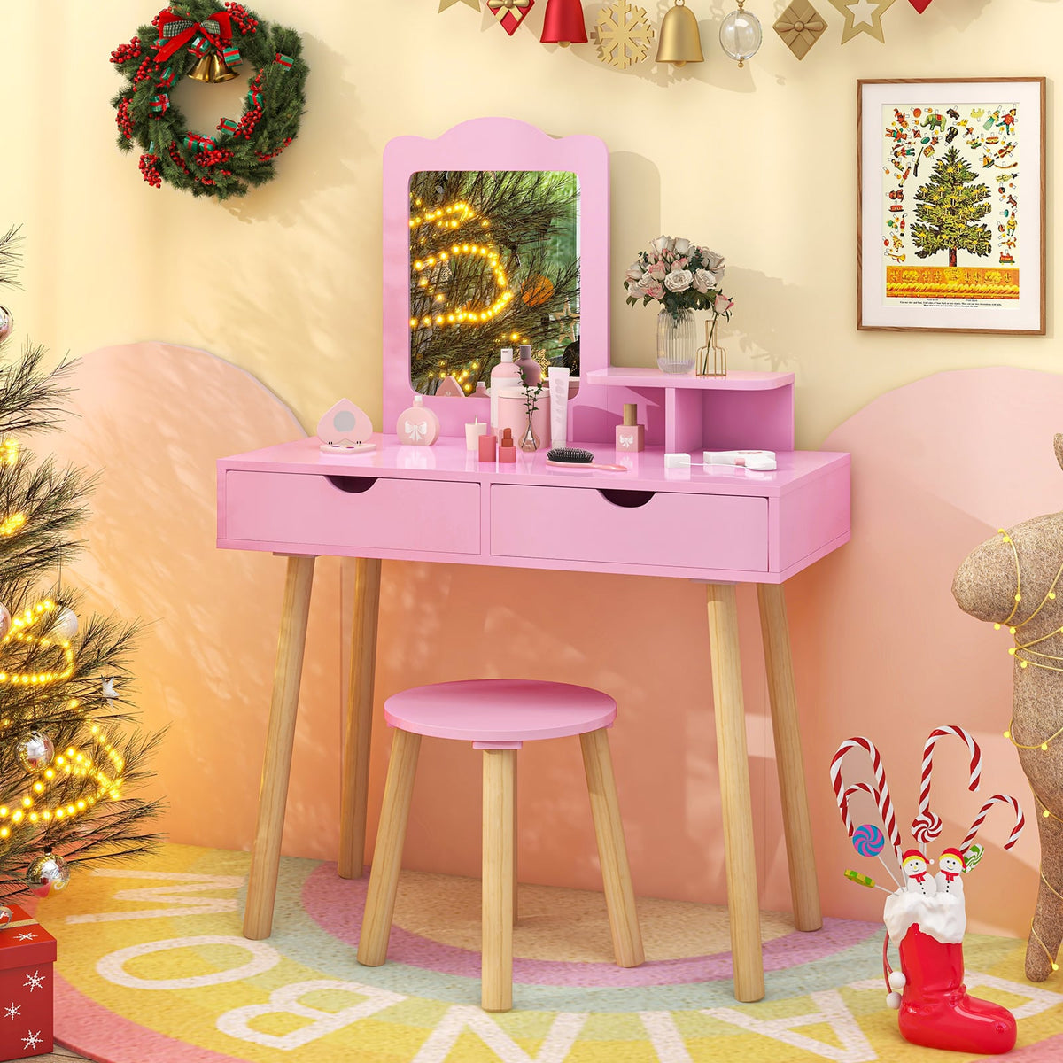 Kid Vanity Table Chair Set with Mirror and 2 Large Storage Drawers-Pink-Kids Vanities-DECOROLALA