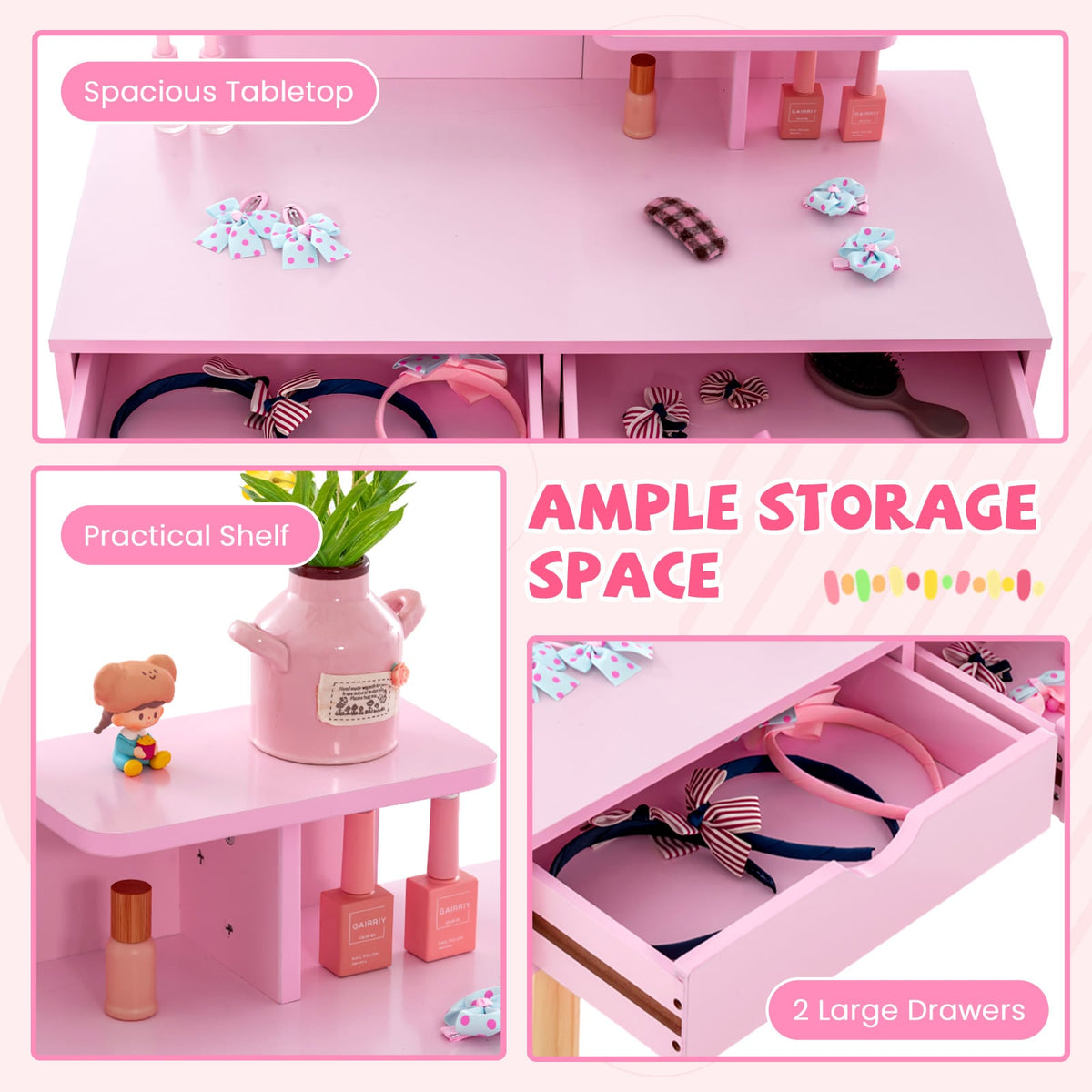 Kid Vanity Table Chair Set with Mirror and 2 Large Storage Drawers-Pink-Kids Vanities-DECOROLALA