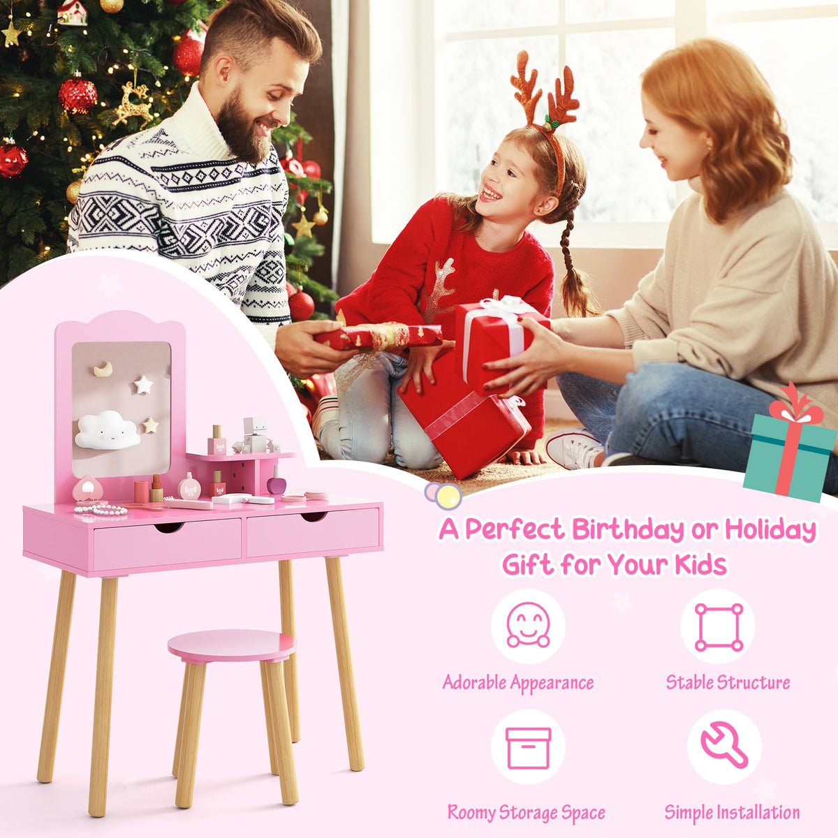 Kid Vanity Table Chair Set with Mirror and 2 Large Storage Drawers-Pink-Kids Vanities-DECOROLALA