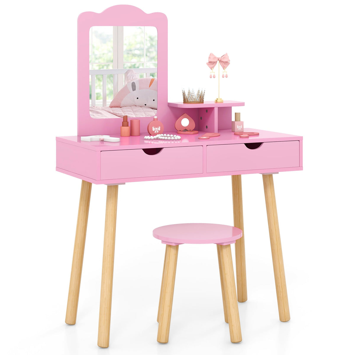 Kid Vanity Table Chair Set with Mirror and 2 Large Storage Drawers-Pink-Kids Vanities-DECOROLALA