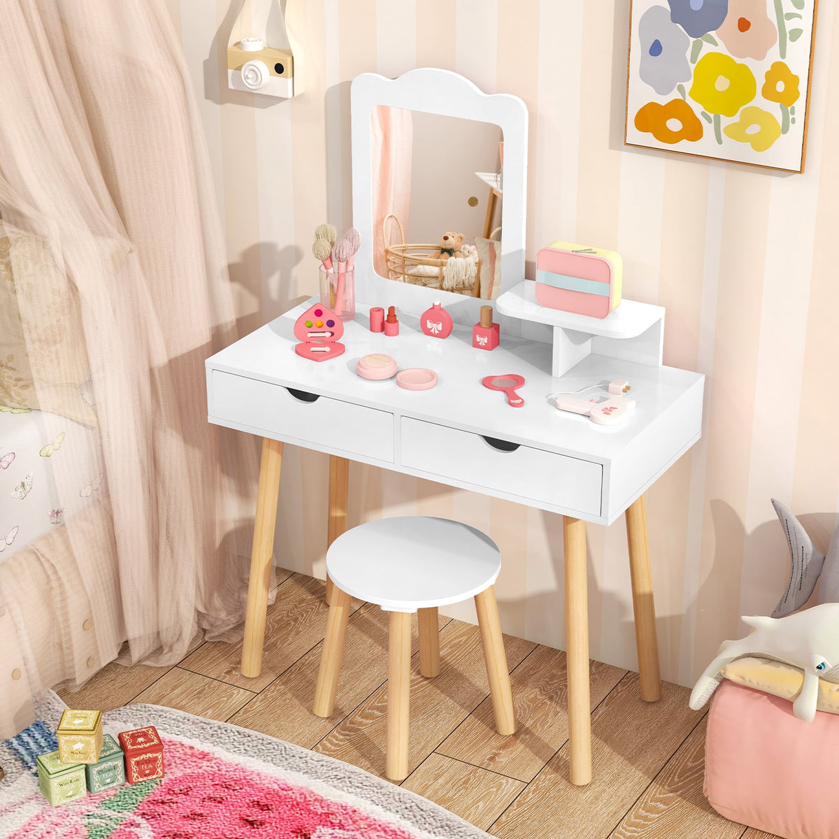 Kid Vanity Table Chair Set with Mirror and 2 Large Storage Drawers-White-Kids Vanities-DECOROLALA