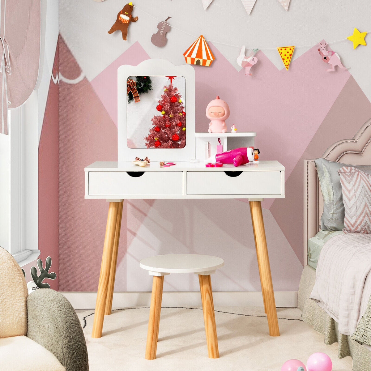 Kid Vanity Table Chair Set with Mirror and 2 Large Storage Drawers-White-Kids Vanities-DECOROLALA