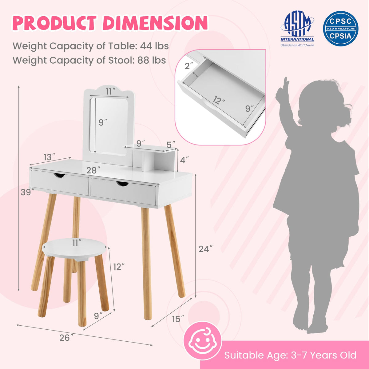 Kid Vanity Table Chair Set with Mirror and 2 Large Storage Drawers-White-Kids Vanities-DECOROLALA