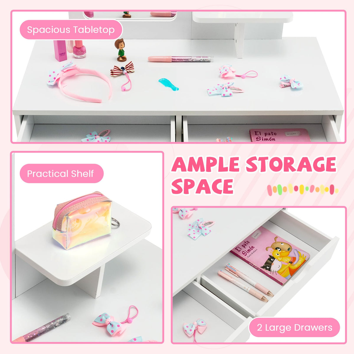 Kid Vanity Table Chair Set with Mirror and 2 Large Storage Drawers-White-Kids Vanities-DECOROLALA