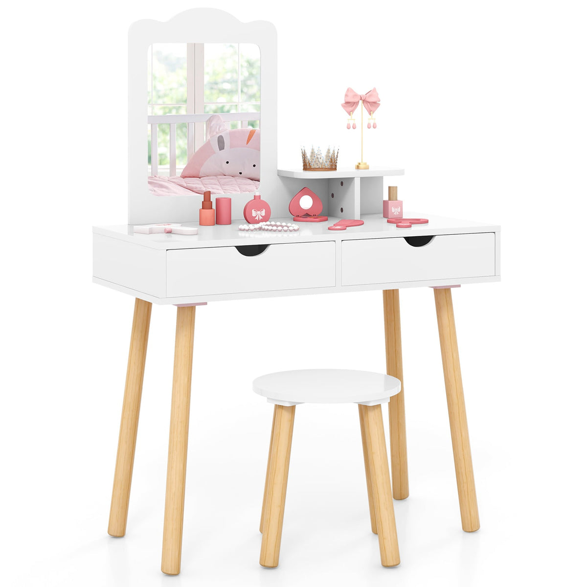 Kid Vanity Table Chair Set with Mirror and 2 Large Storage Drawers-White-Kids Vanities-DECOROLALA