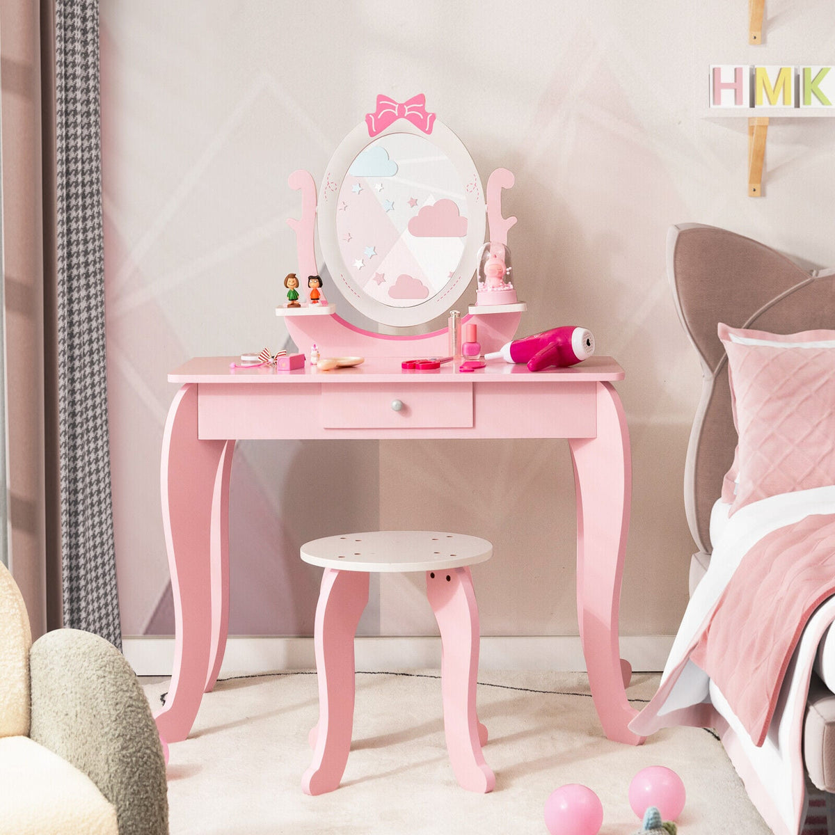 Kid Vanity Table Stool Set with Oval Rotatable Mirror-Pink-Kids Vanities-DECOROLALA